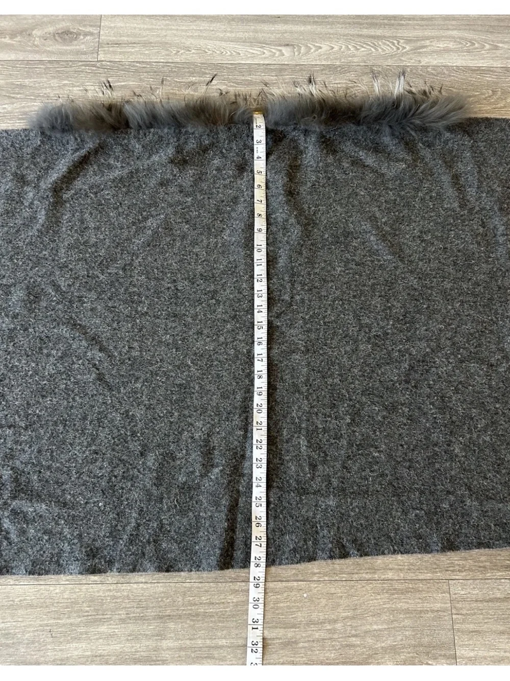 Vintage Gray Wool Ruana Shawl Cape Fox Fur Trim Collar Fringe Wrap OS Luxury